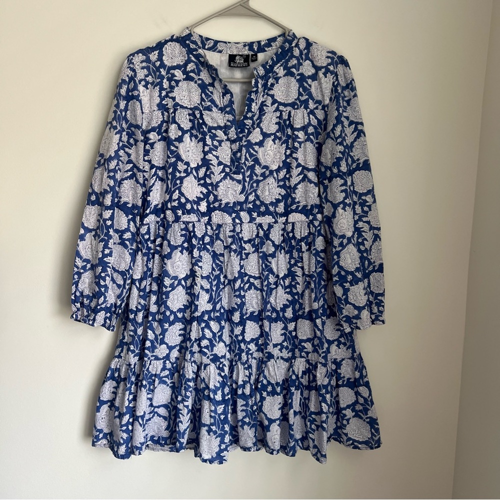 Tuckernuck Madison Mathews Blue White Floral Block Print Dress Women's Medium - Picture 2 of 5